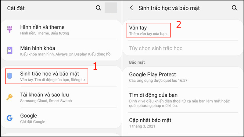 Thiết lập mở kh&oacute;a bằng cảm biến v&acirc;n tay